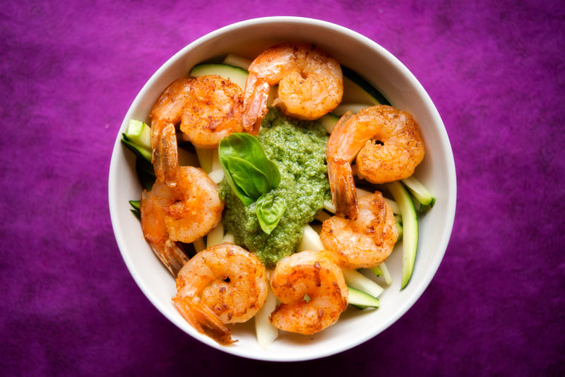 Paleo Zucchini Pasta with Shrimp and Pesto | Garlic, My Soul