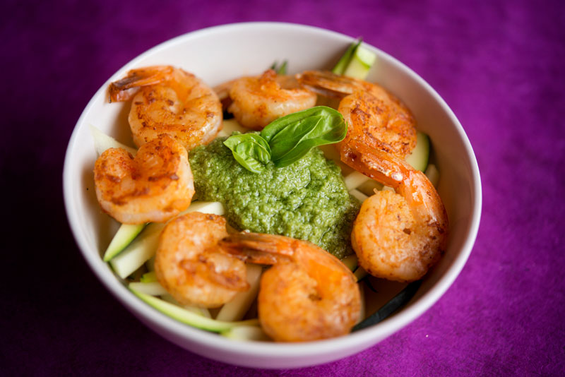 Paleo Zucchini Pasta with Shrimp and Pesto | Garlic, My Soul